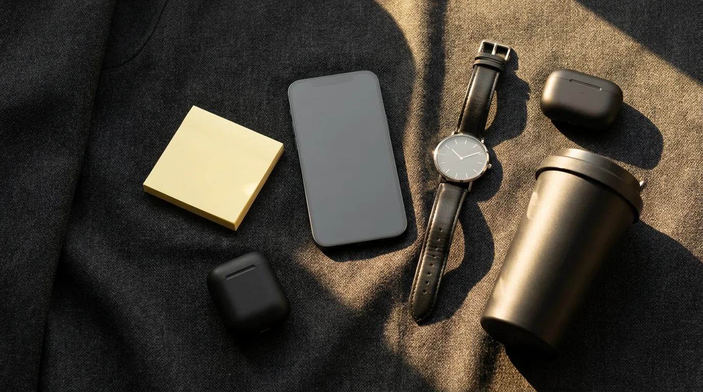 High angle shot of commuter items: smartphone, sticky notes, and watch, symbolizing time batching.