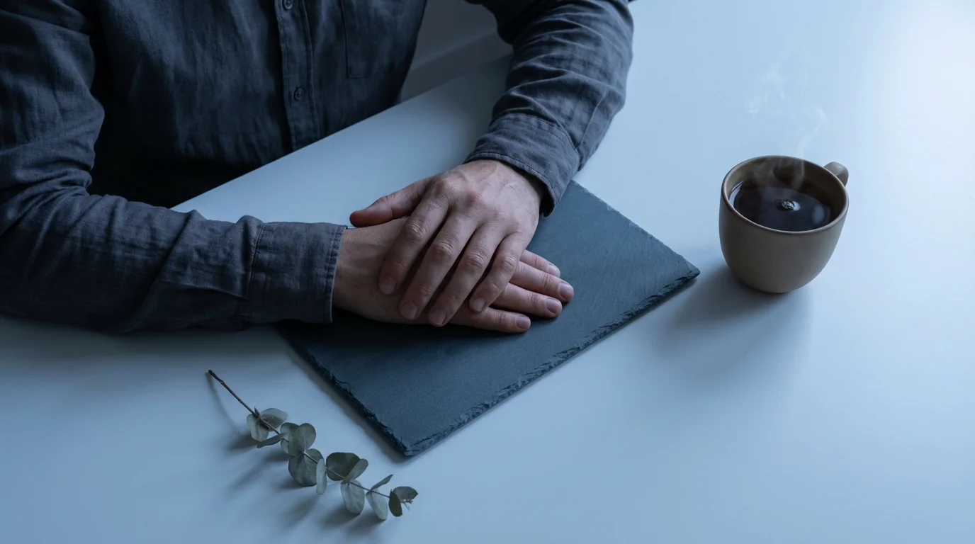 High angle shot of hands resting on a slate coaster next to steaming herbal tea during a pause.