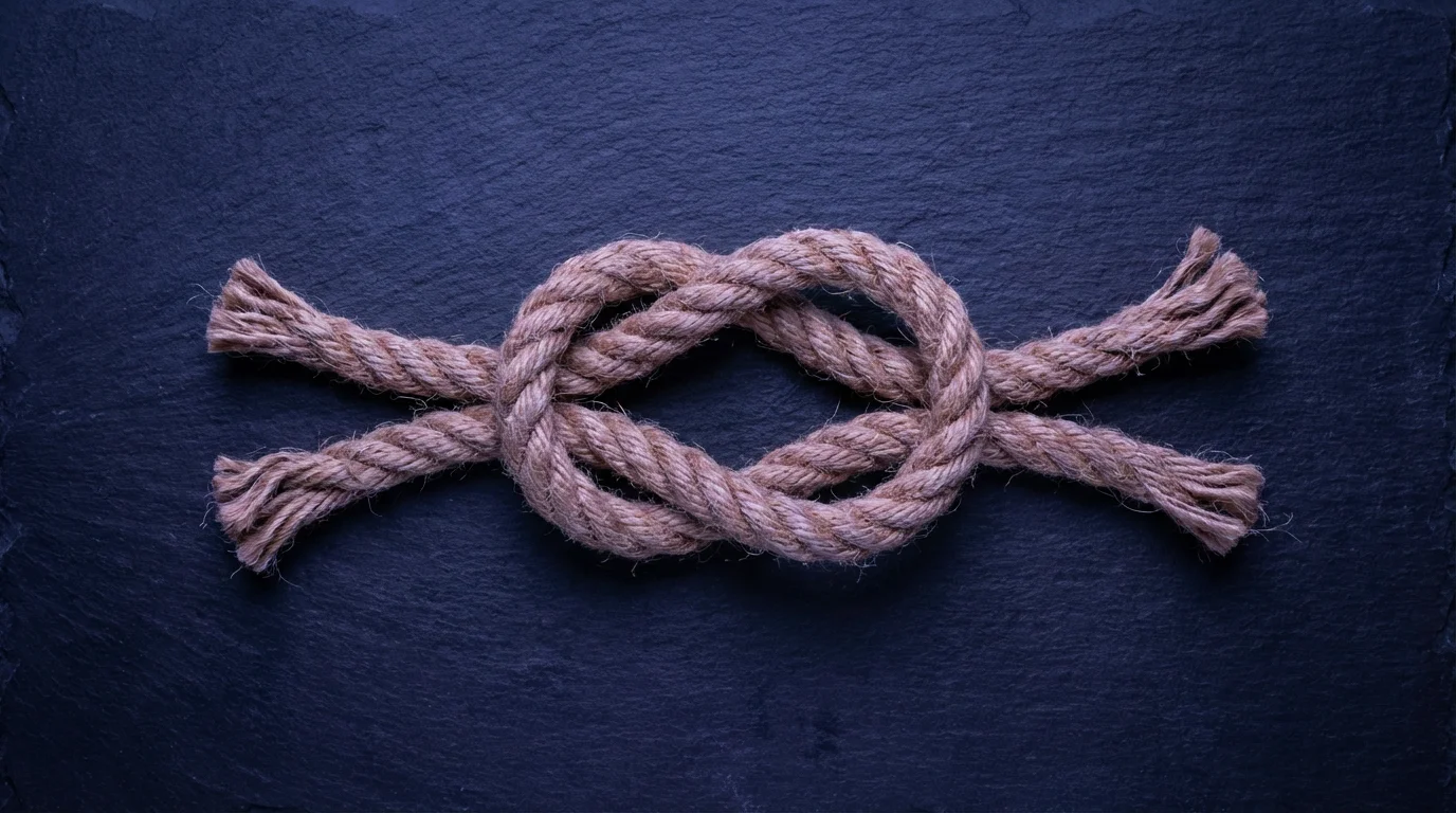 High angle view of a knotted rope being loosened on a dark stone surface under blue evening light