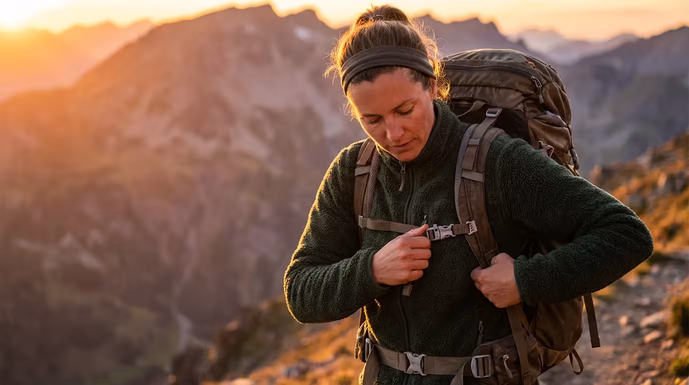 Hiker adjusting backpack gear on a sunny trail representing process optimization.