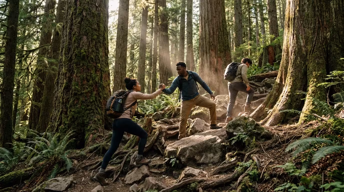 Hikers helping each other climb a steep, rocky forest trail in moody lighting.