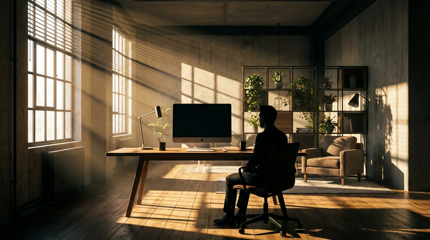 Home office desk in moody afternoon sunlight with dramatic shadows and plants.