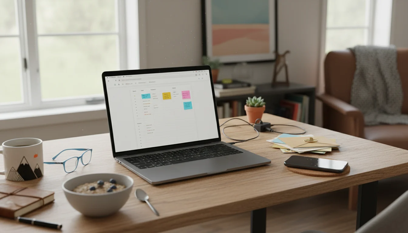 A home office desk with an open laptop, a face-down vibrating smartphone, a stack of mail, and a colorful sticky note in soft natural light.