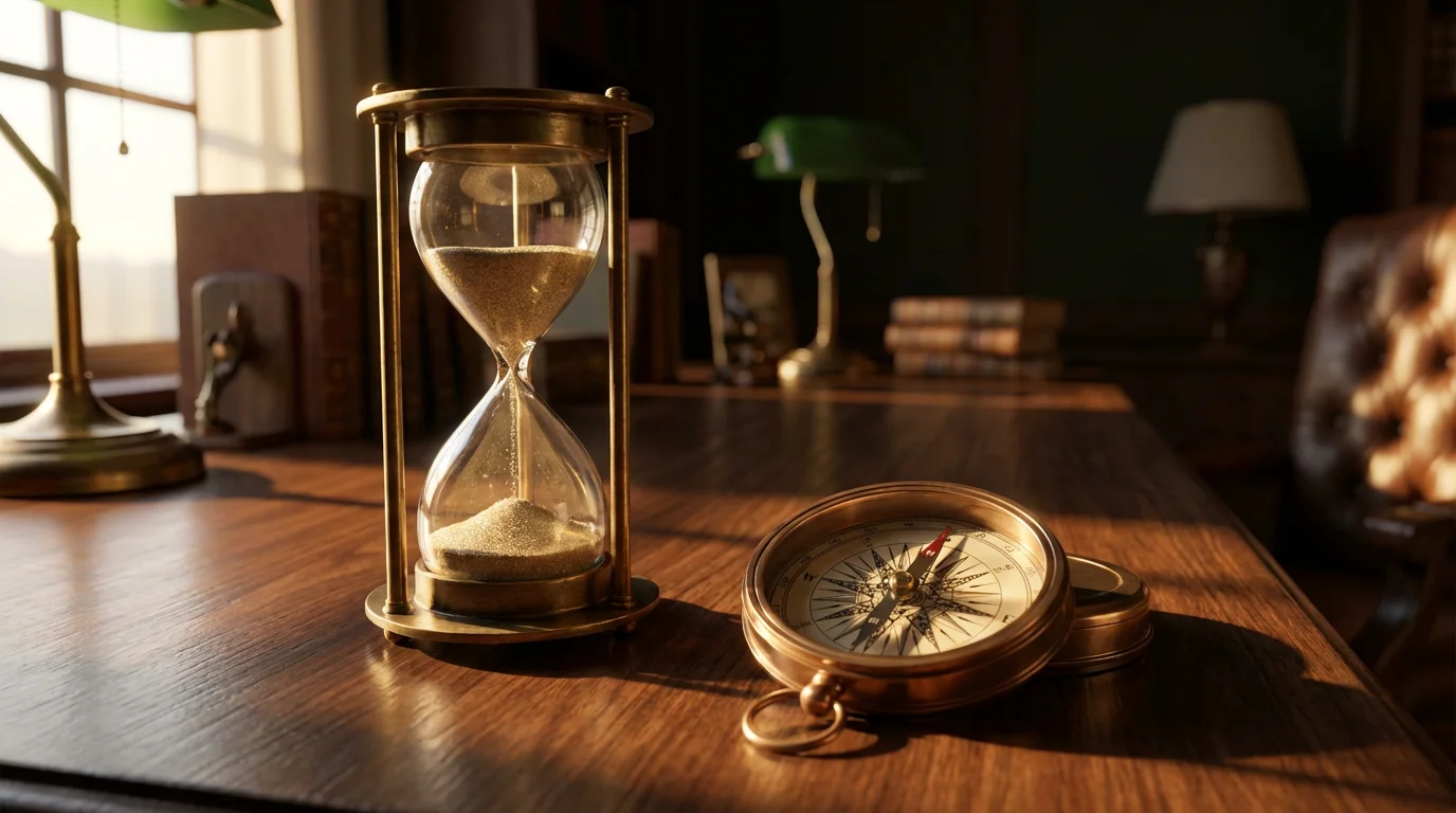 Hourglass and compass on a wooden desk representing urgency and importance.