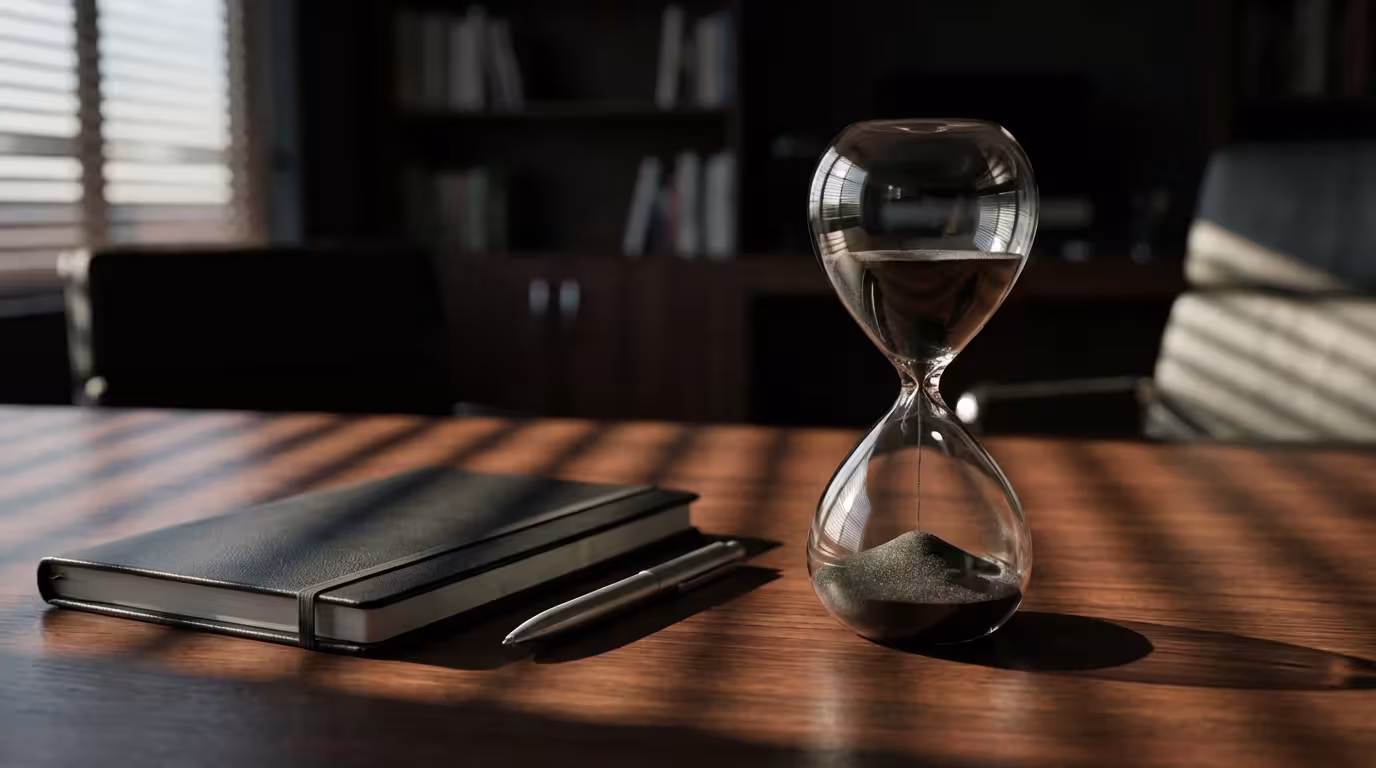 Hourglass and notebook on a dark wood desk illuminated by moody afternoon sunlight.