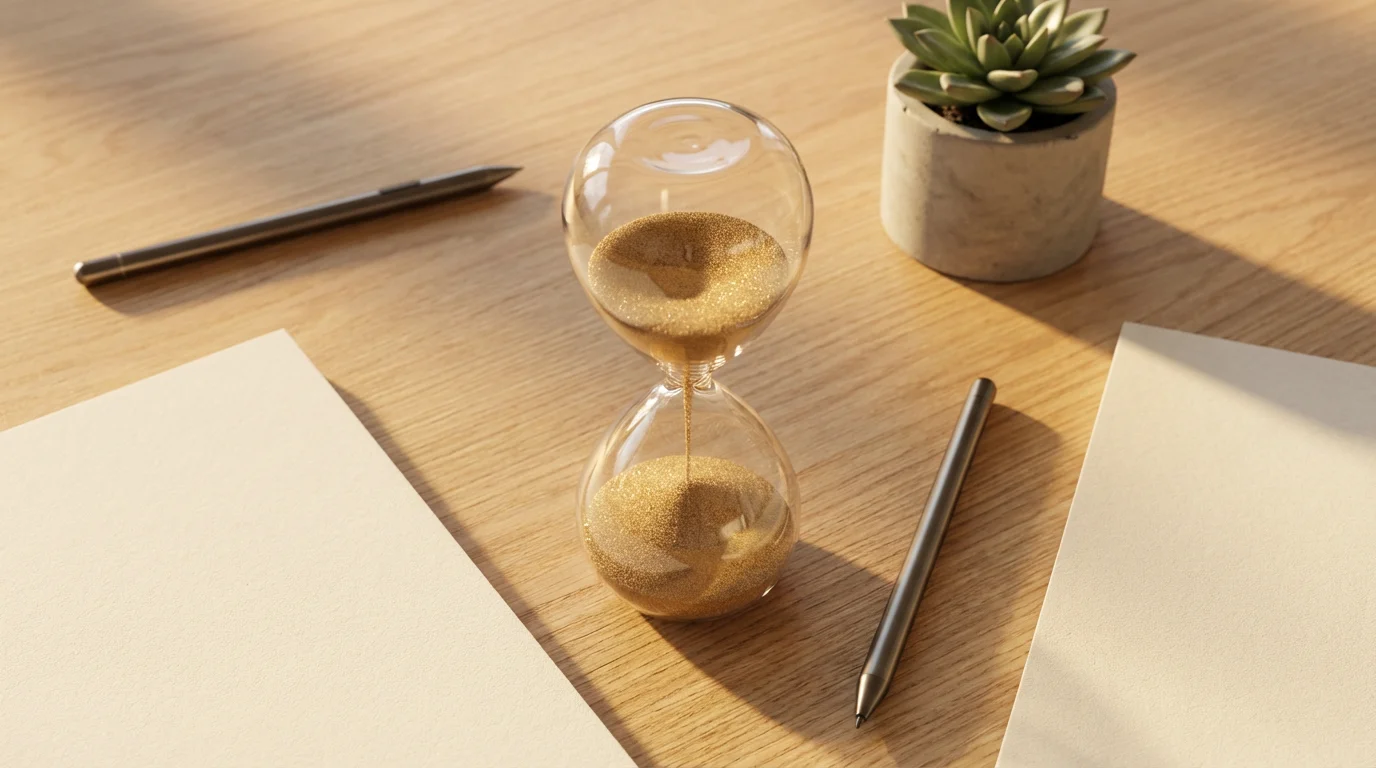 Hourglass on light wood desk flat lay with stylus and sketchpad in sunlight.