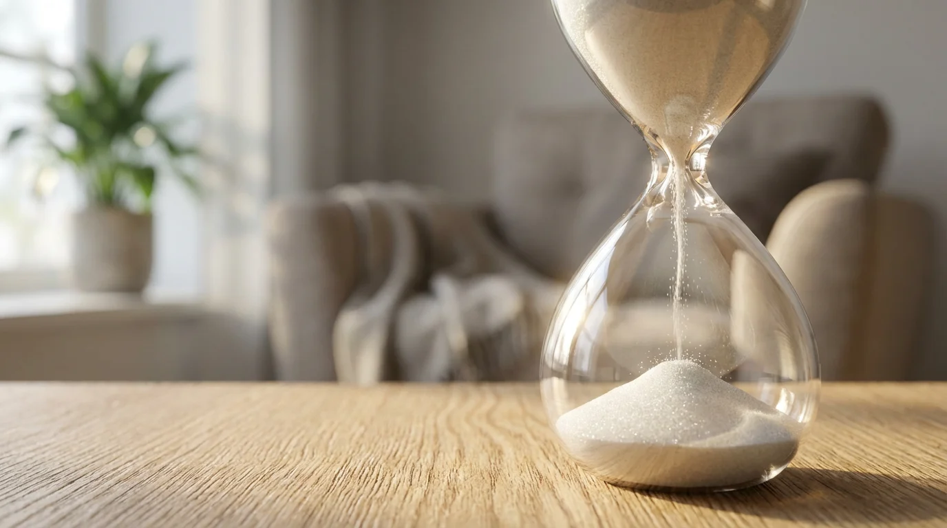 Hourglass on wooden table in soft morning light symbolizing device-free time blocks