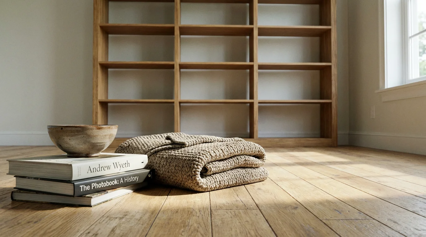 Household items piled on a wooden floor beneath an empty shelf during decluttering.