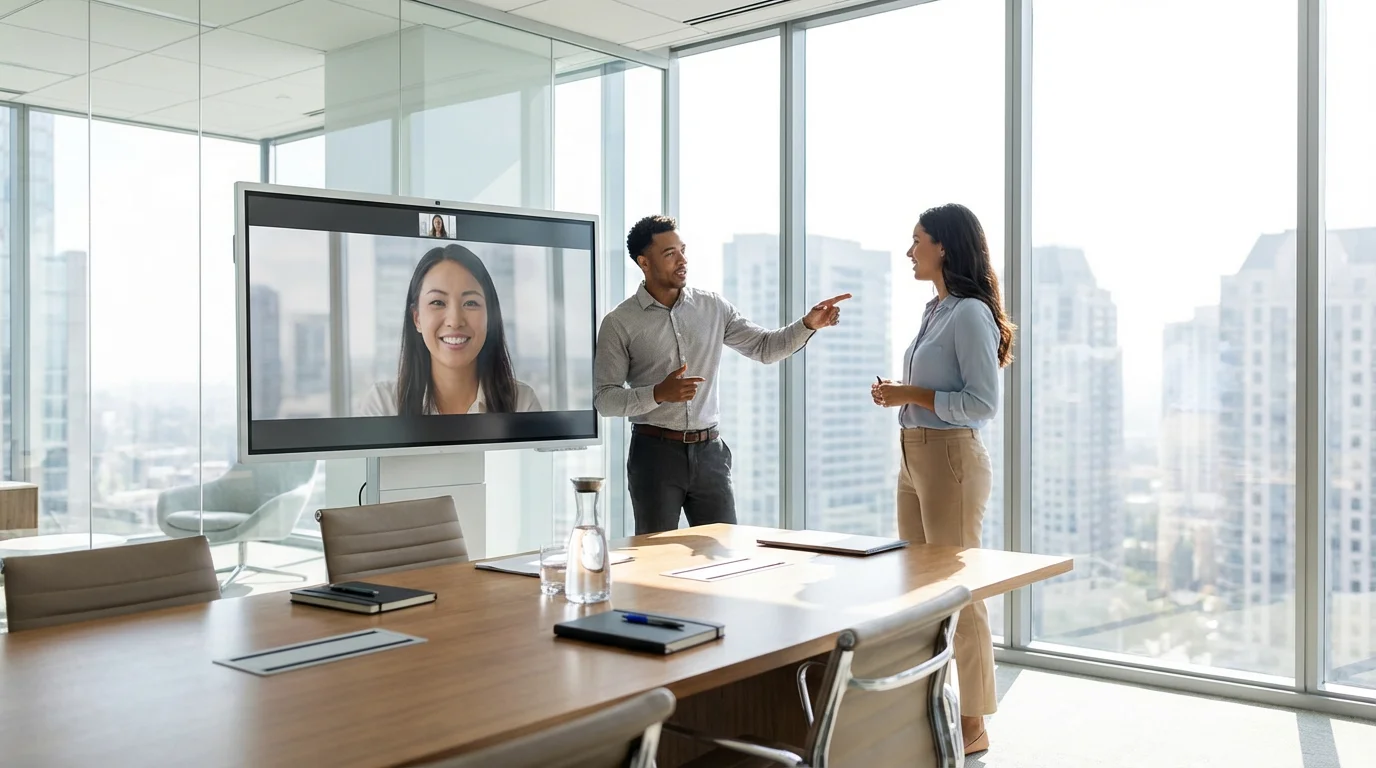 Hybrid team brainstorming session in a modern office, focused on a video call participant.