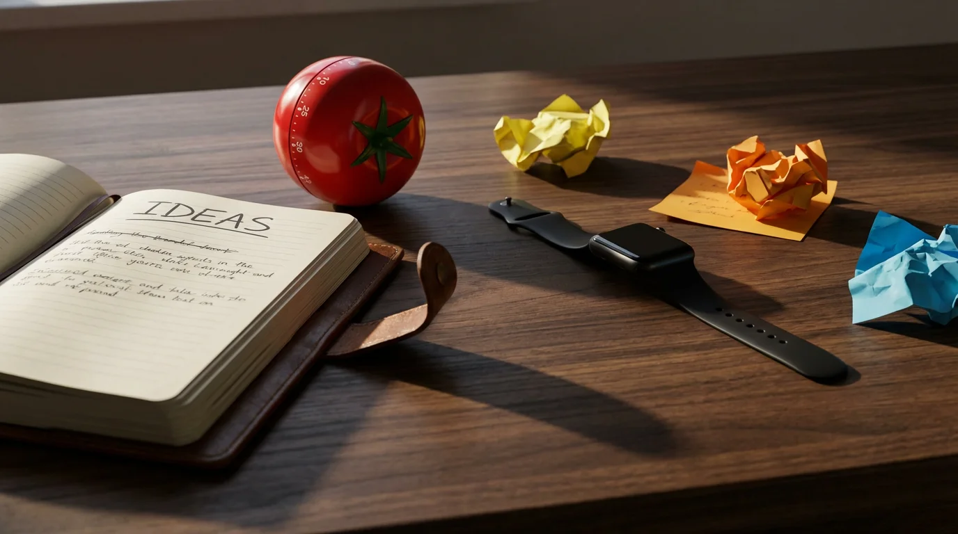 Incompatible productivity systems: planner, timer, and smart watch scattered on a dark desk surface.