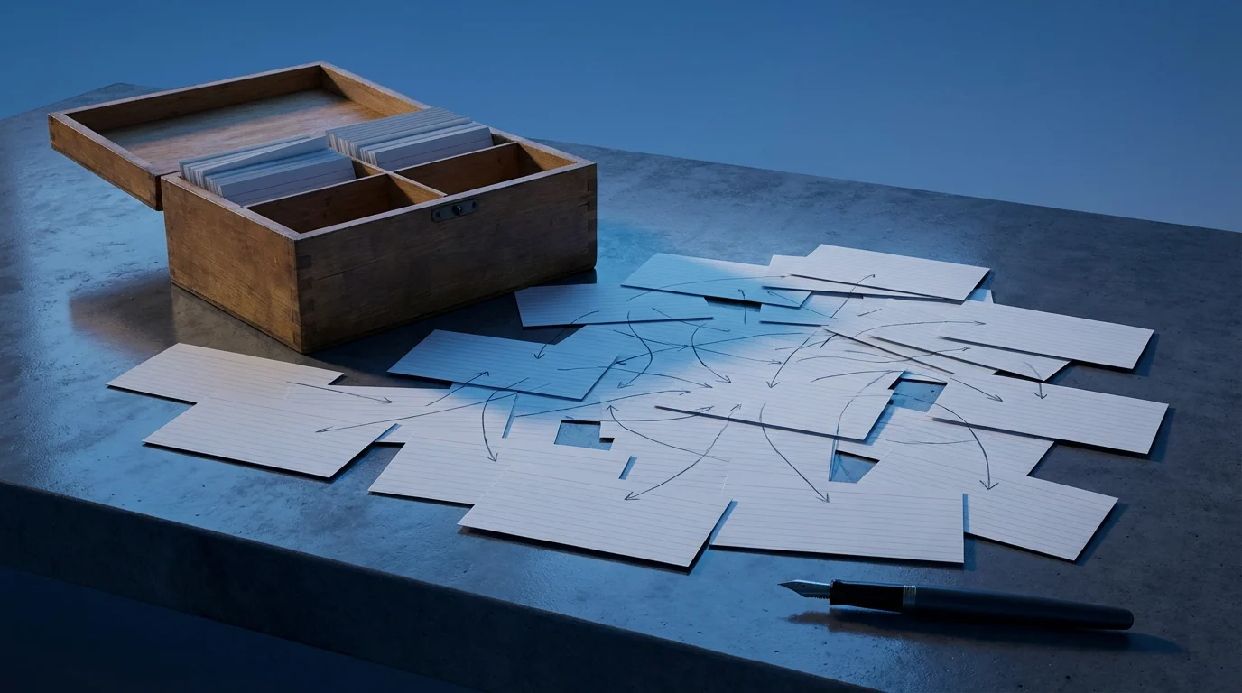 Index cards forming a complex, interconnected knowledge network on a dark desk during blue hour lighting.