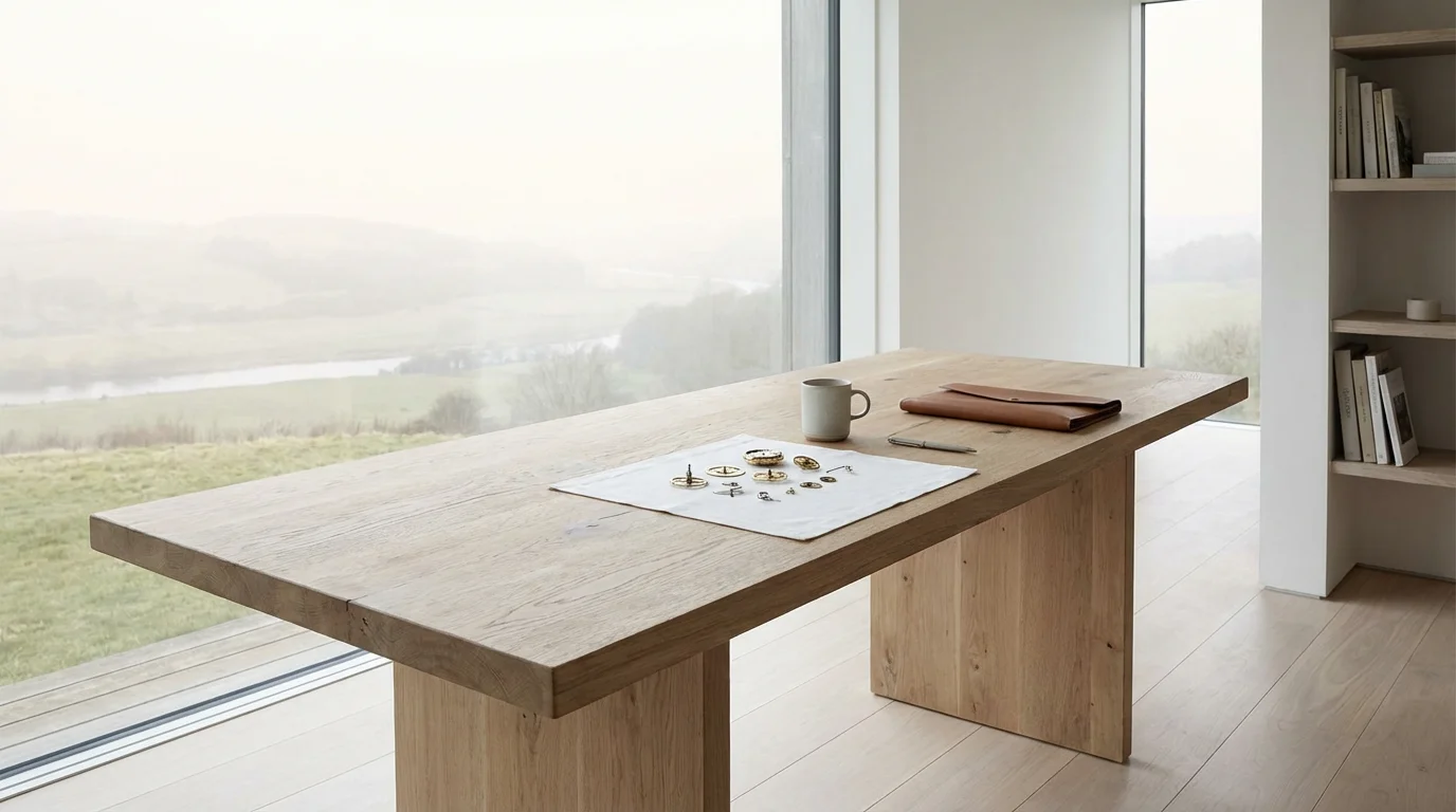 Intricate brass clockwork gears on a desk in a bright, minimalist study with soft morning light.