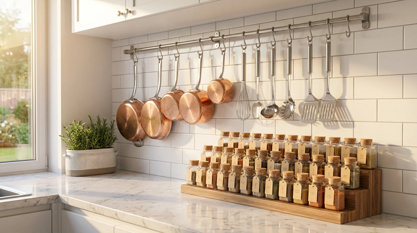 Kitchen counter with hanging copper pots and tiered spice rack in golden hour light.
