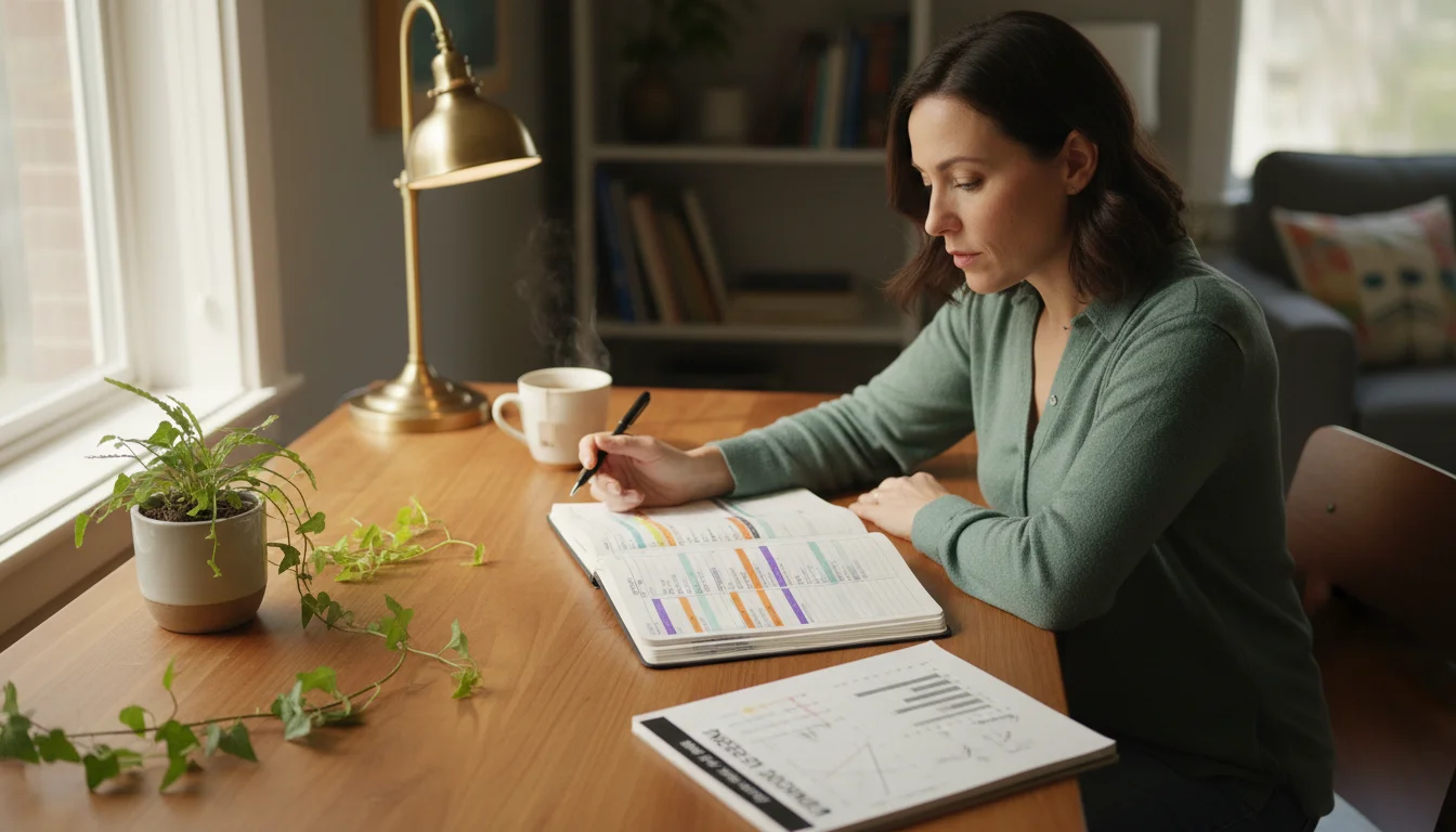 A knowledge worker examines an open planner and energy journal on a well-organized desk, with tea and fruit nearby.