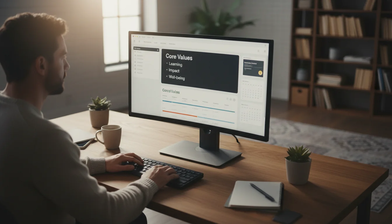 A knowledge worker views a Notion-style productivity dashboard on their computer, showing daily tasks linked to core values.
