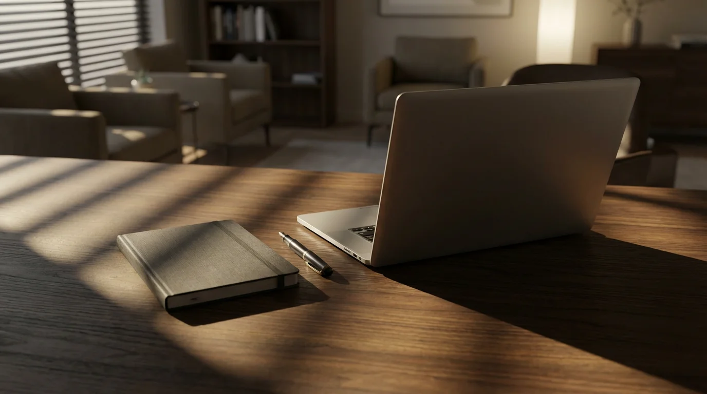 Laptop and notebook on wooden desk with dramatic afternoon shadows representing focused work.