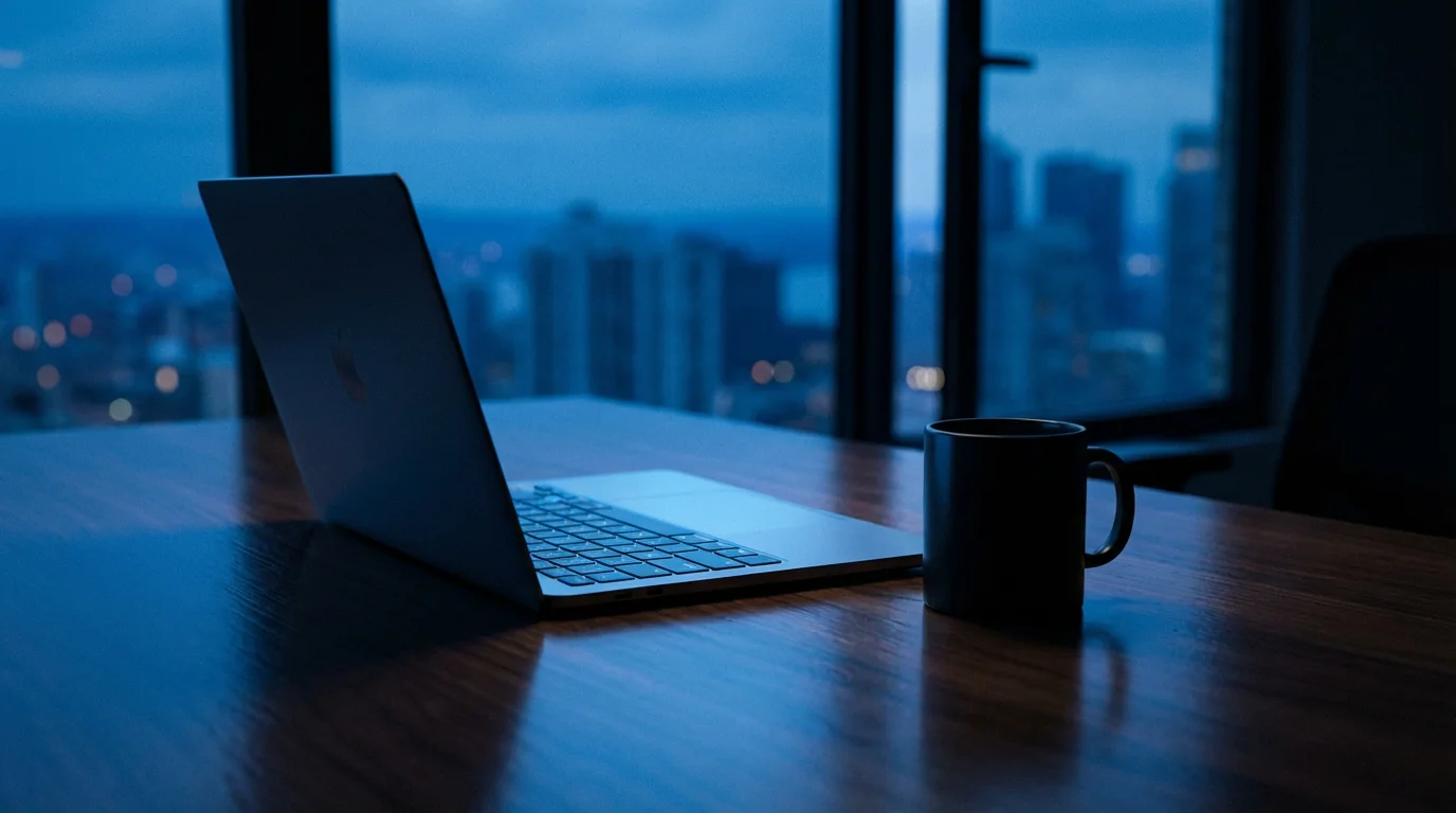 Laptop on dark desk during blue hour evening with blurred city lights background