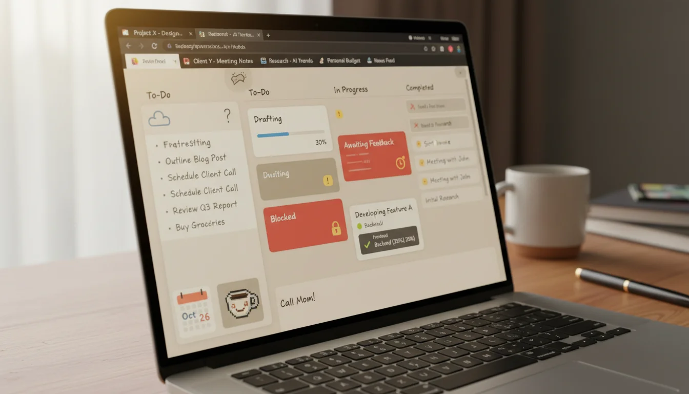 A laptop screen displaying a cluttered digital dashboard with multiple unfinished projects and browser tabs open, on a desk with a cooling coffee mug.