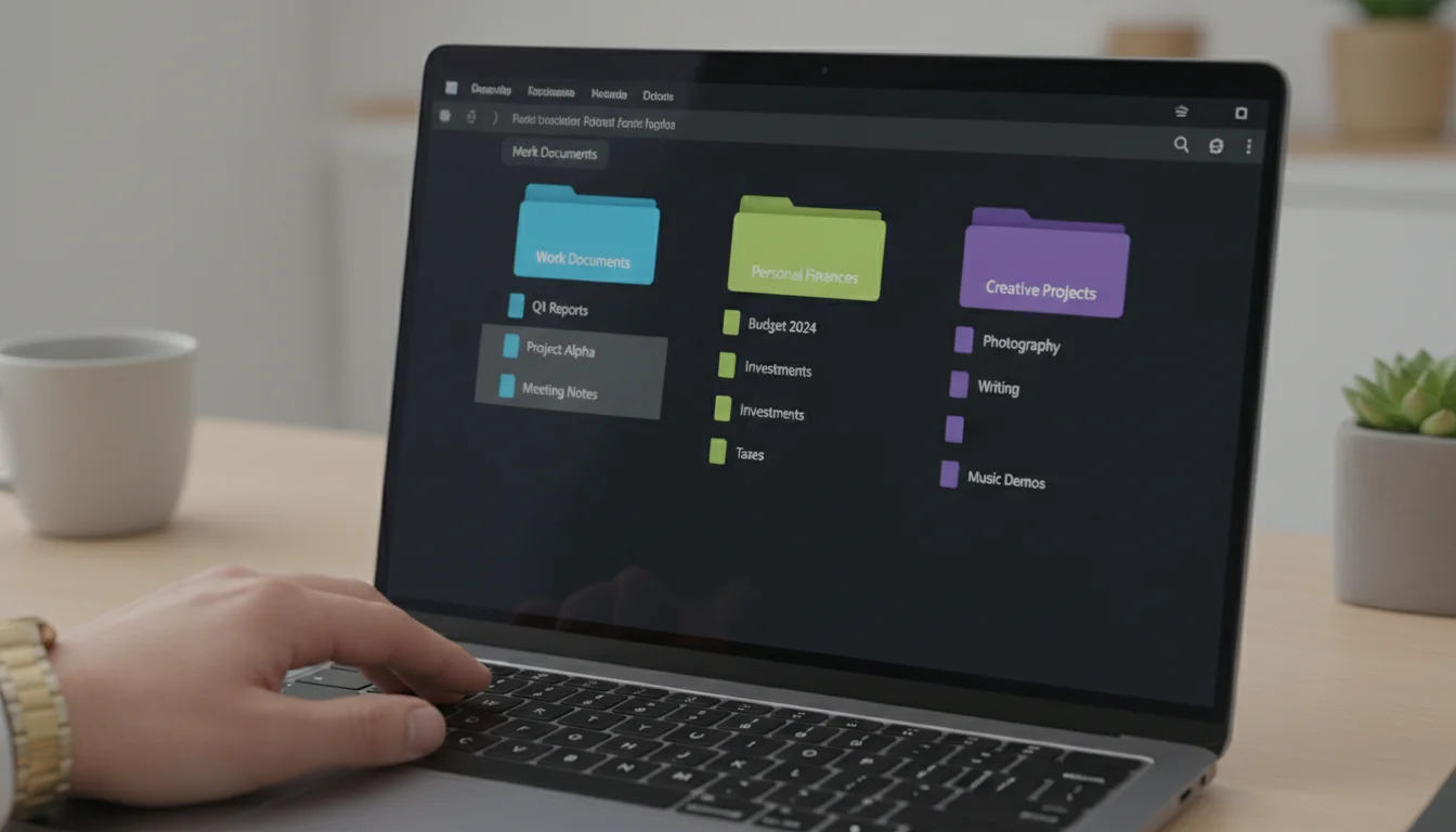 Close-up of a laptop screen displaying neatly organized digital folders for work, finances, and creative projects. A hand rests on the trackpad.