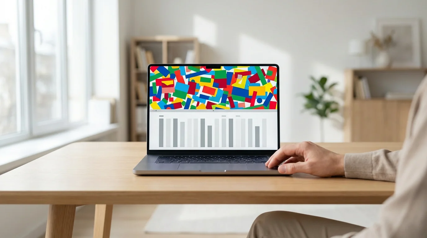 Laptop screen showing digital chaos instantly resolving into a clean, minimalist list, symbolizing clutter removal.