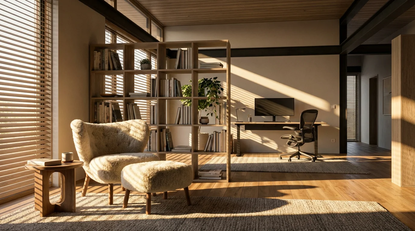Living room with a bookshelf divider separating a cozy reading nook from a home office.