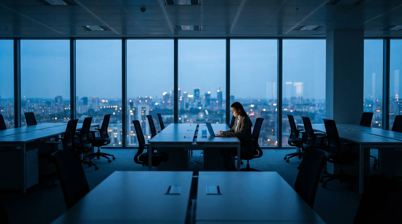 Lone employee working late in a modern office during blue hour with city view.