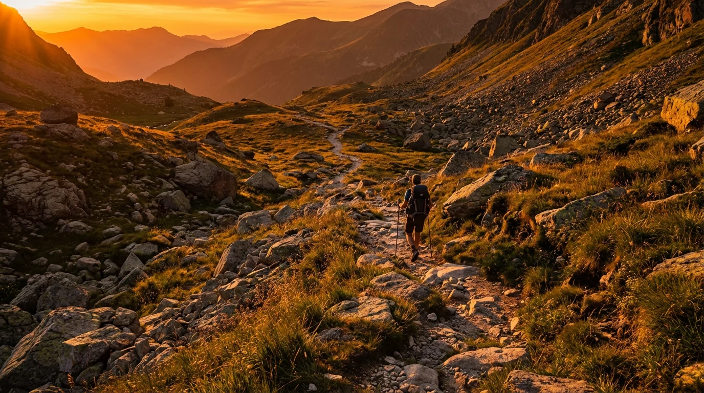 Lone hiker walking along a rocky mountain path during golden hour sunset.