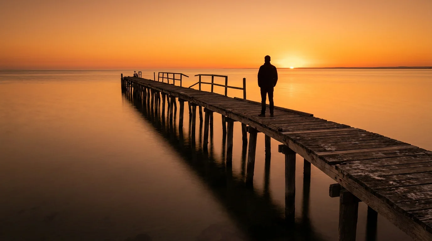 Lone individual standing on a long wooden pier at sunset, symbolizing identity change.