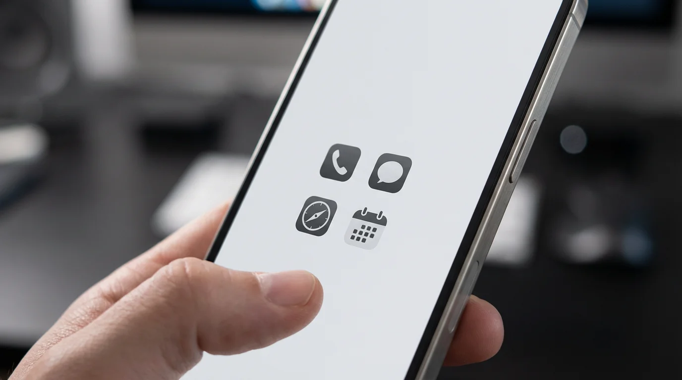 Low angle close-up of a hand holding a smartphone displaying a minimalist, single-screen interface.