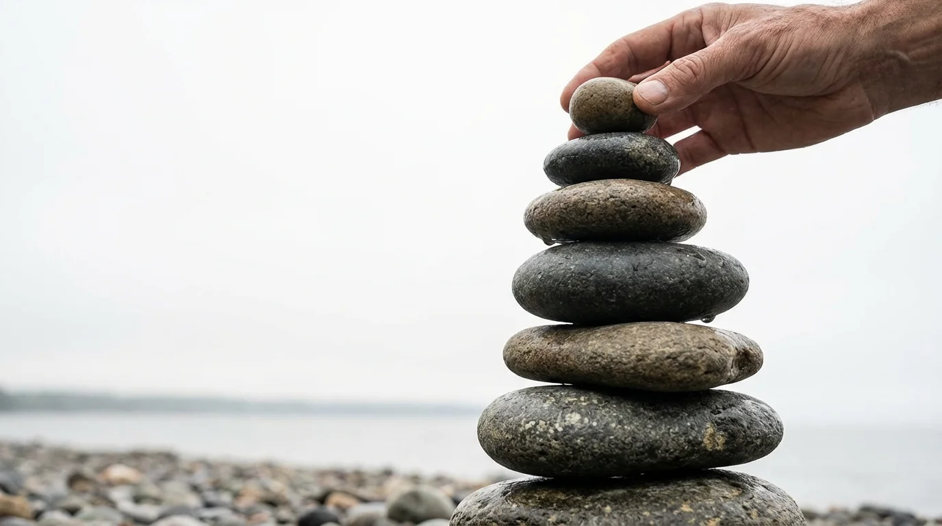 Low angle close-up of a hand placing a stone on a balanced rock stack.