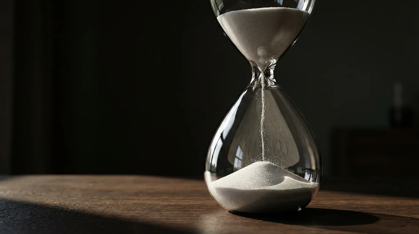 Low angle close-up of a modern hourglass with sand falling in moody afternoon lighting.
