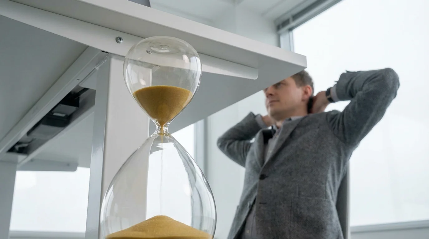 Low angle close-up of hourglass on desk with professional stretching in background.