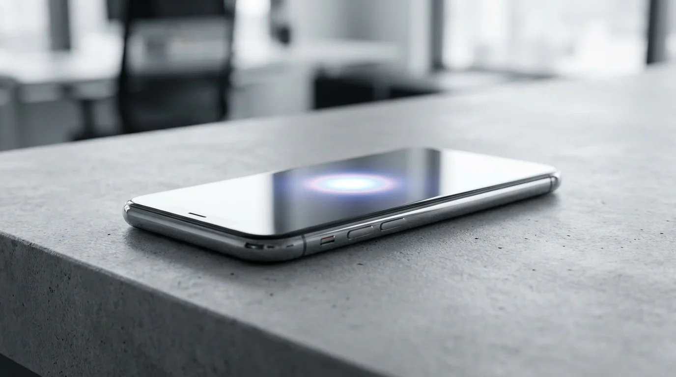 Low angle, high-resolution photograph of a glowing smartphone notification on a clean concrete surface.