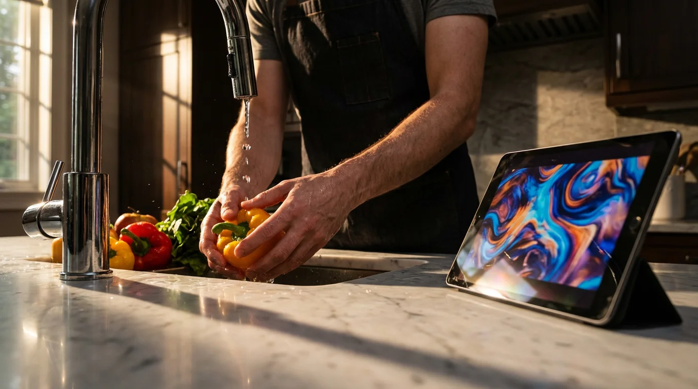 Low angle of person washing vegetables with tablet playing video in moody lighting.