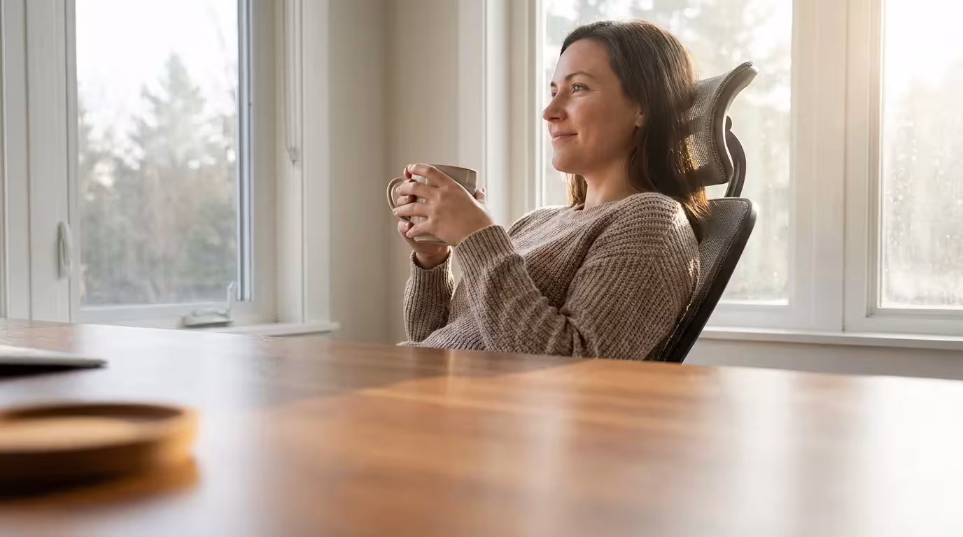 Low angle of relaxed remote worker holding coffee in sunny minimalist home office.