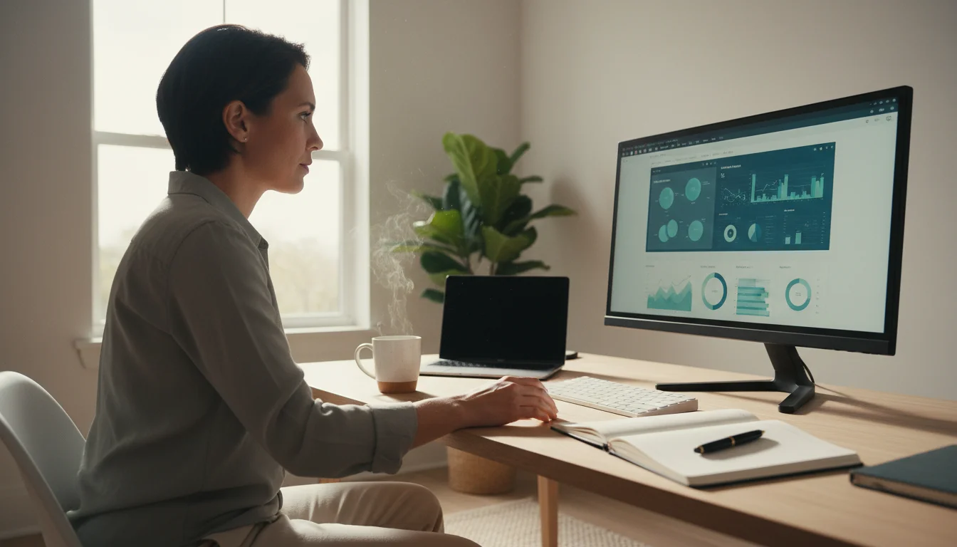 Low-angle, over-shoulder view of a professional viewing a monitor in a bright, minimalist office with natural light.
