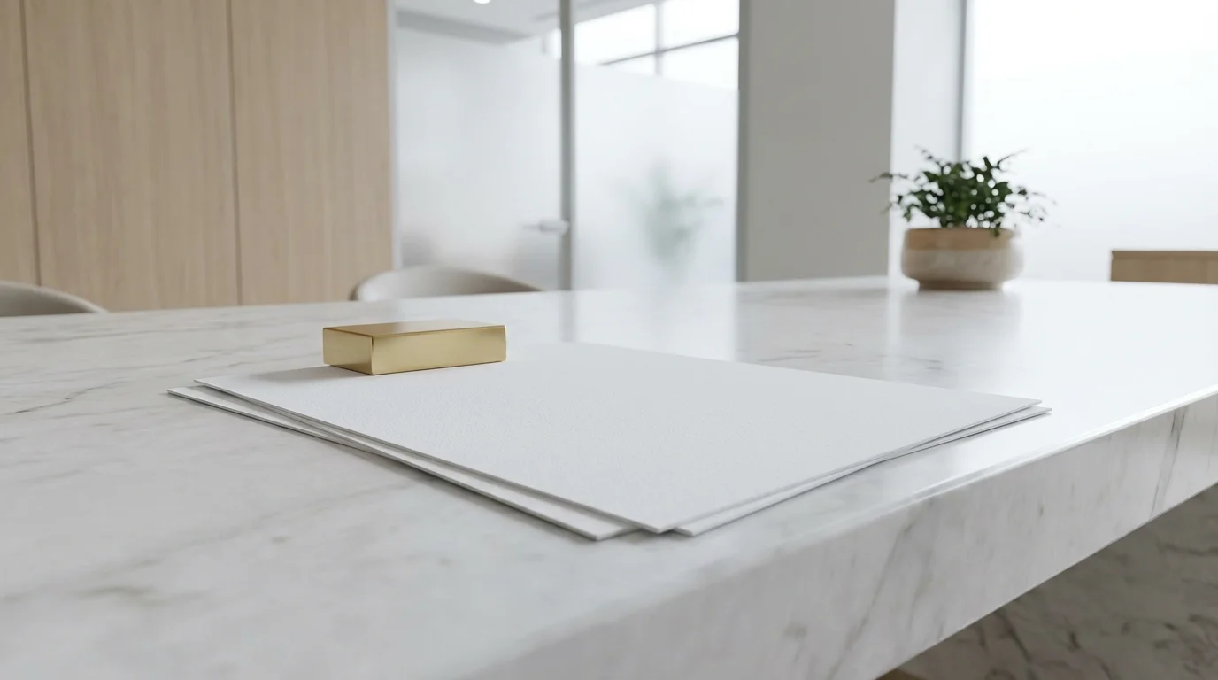 Low angle photo of a brass paperweight on a white marble desk securing blank official documents.
