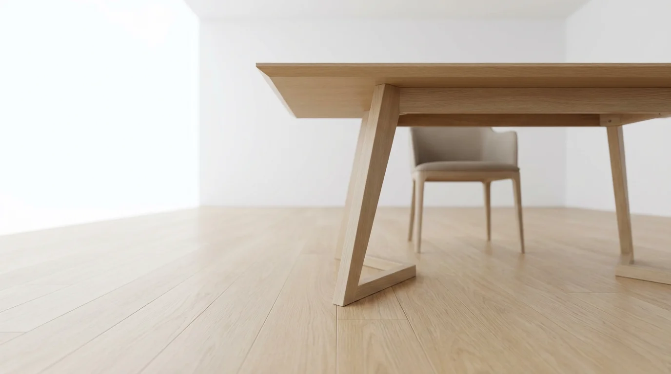Low angle photo of a clean minimalist desk and empty floor space in soft light.