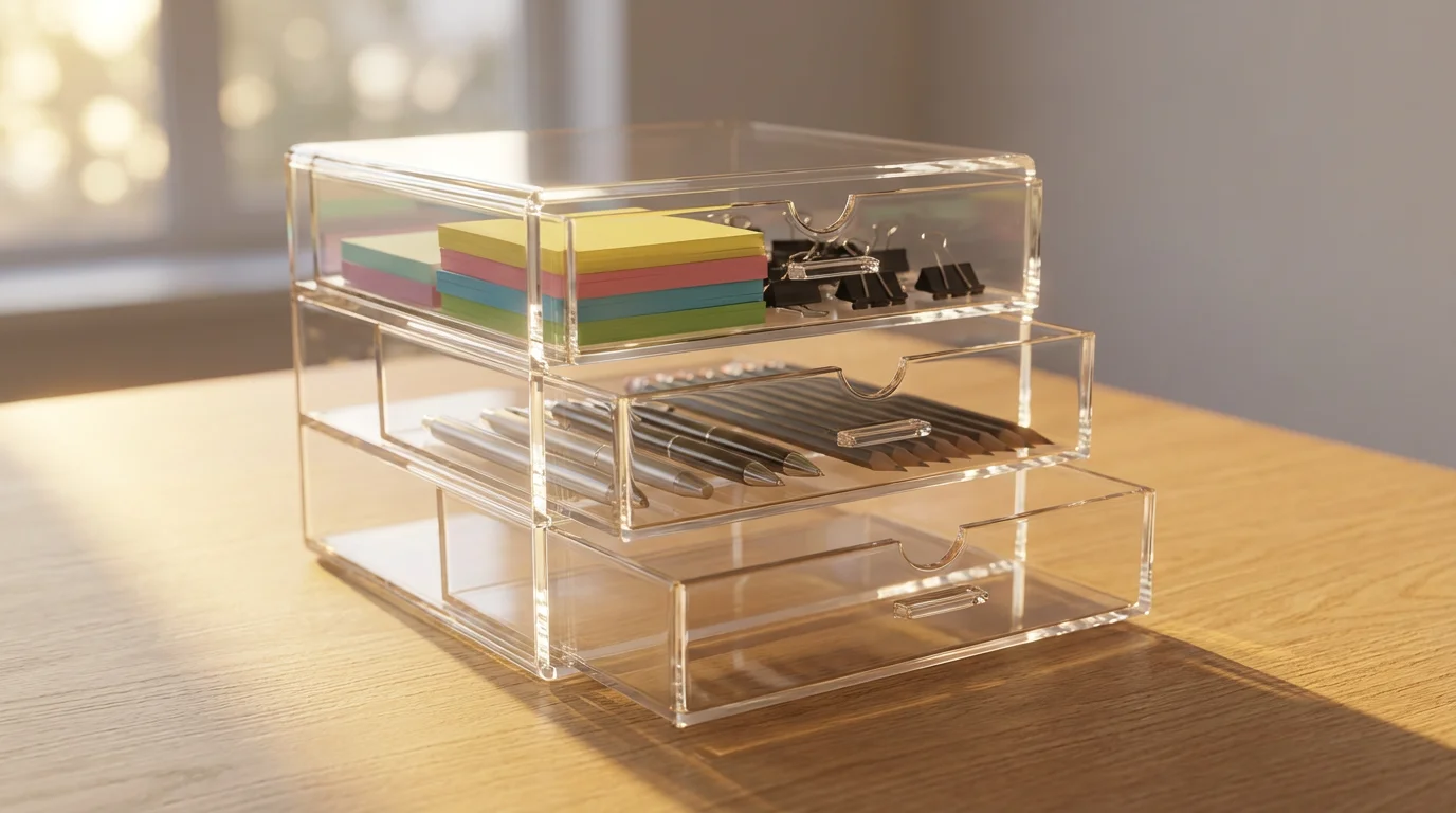 Low angle photo of a clear acrylic desk organizer filled with colorful, organized supplies in golden hour light.
