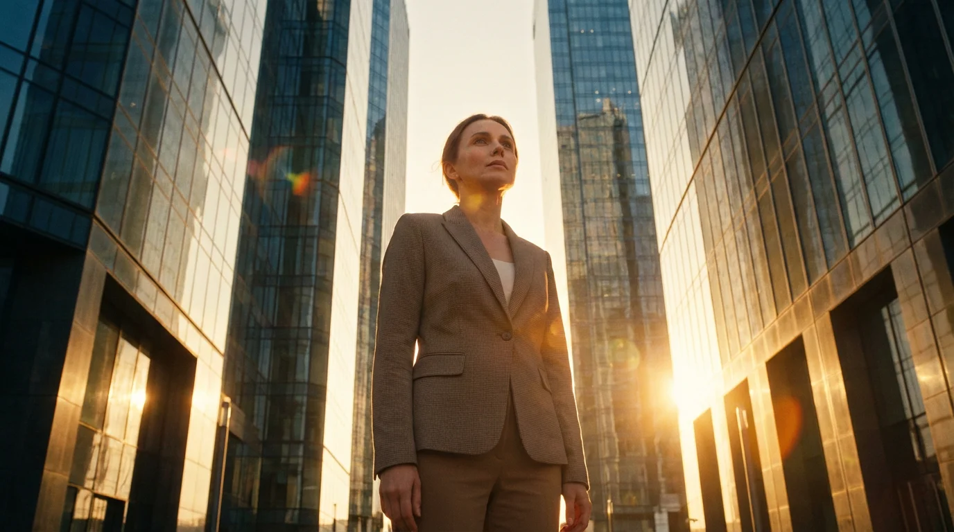 Low angle photo of a contemplative professional woman in a city during golden hour