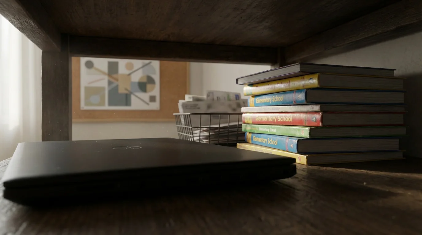 Low angle photo of a desk where a vision board is partially obscured by school books and a closed laptop.