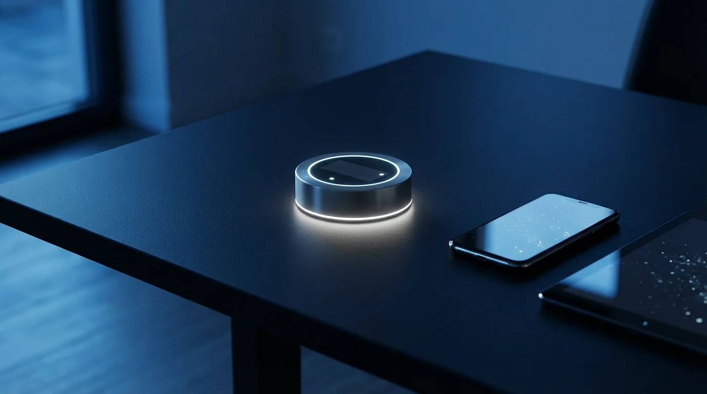 Low angle photo of a digital timer surrounded by glowing smartphone and tablet screens on a desk during blue hour.