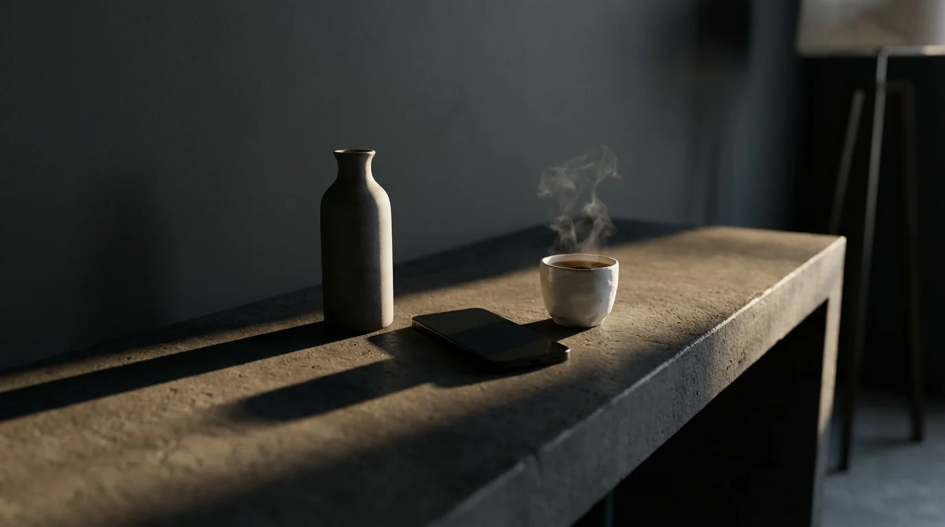 Low angle photo of a facedown smartphone and steaming herbal tea on a concrete surface, symbolizing unplugging.