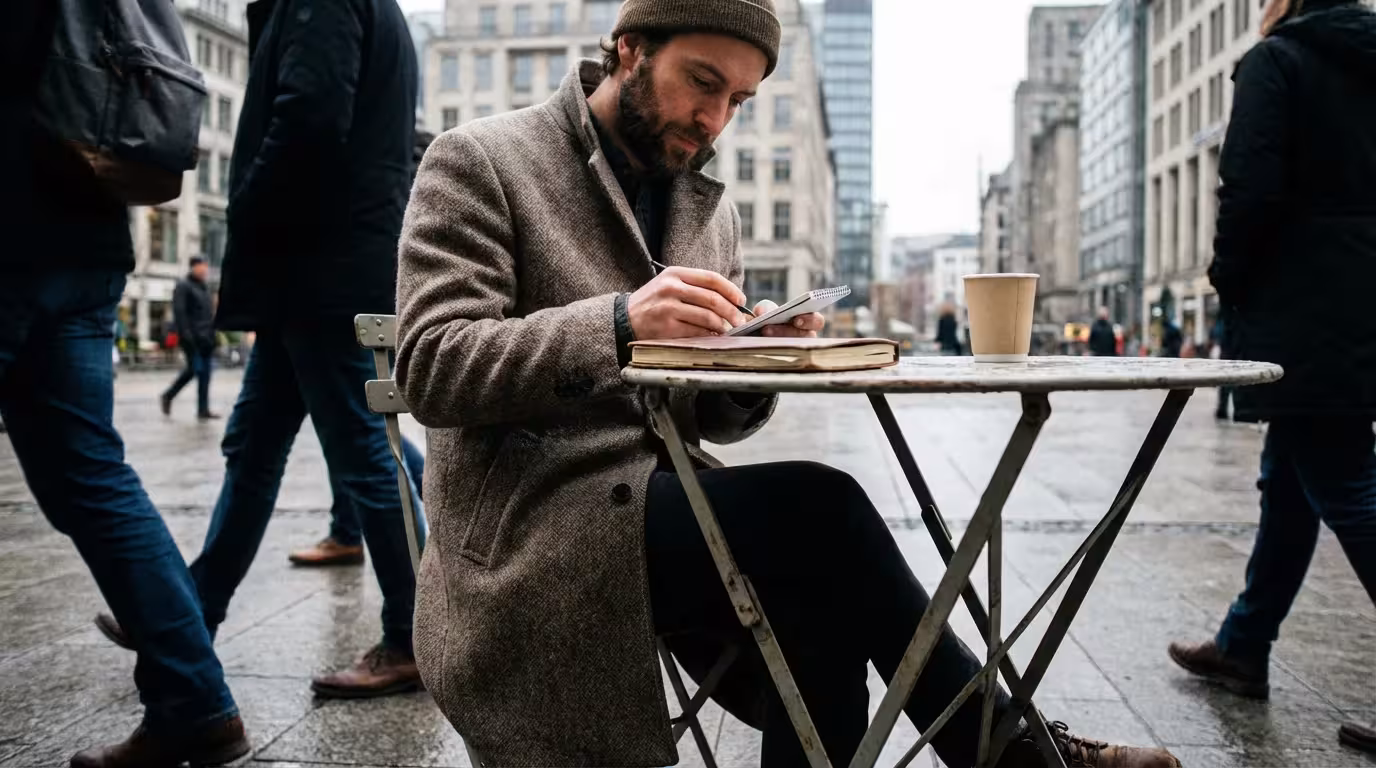 Low angle photo of a focused man working at a busy outdoor cafe while pedestrians rush by.