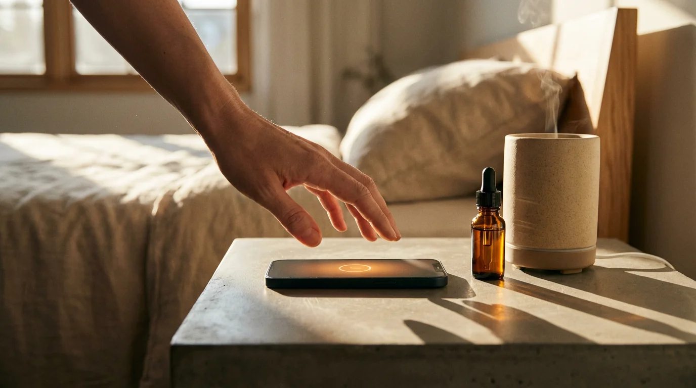 Low angle photo of a hand dismissing a smartphone alarm next to an aromatherapy diffuser during golden hour.