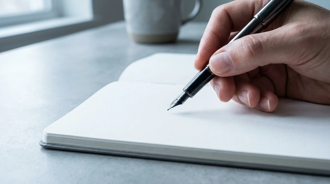 Low angle photo of a hand holding a pen above a blank notebook on a clean, concrete desk.