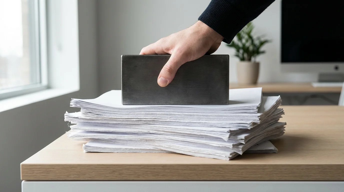 Low angle photo of a hand placing a matte metal block onto a stack of professional drafts.