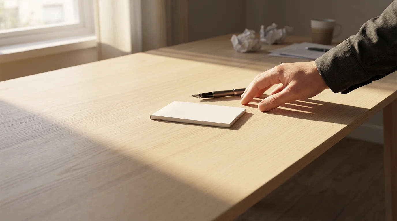 Low angle photo of a hand resting near a clean notepad, symbolizing starting a small task.