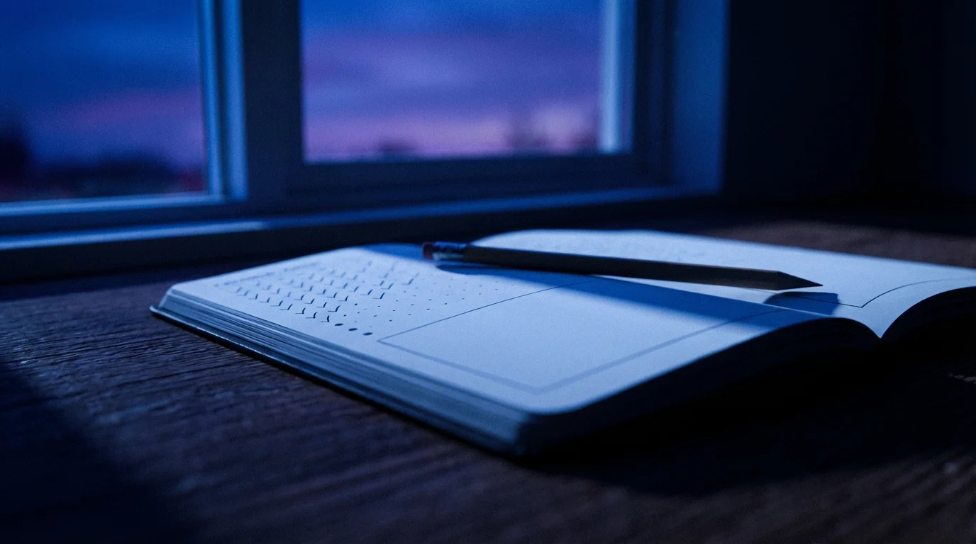 Low angle photo of a journal showing a broken habit streak illuminated by cool blue hour light.