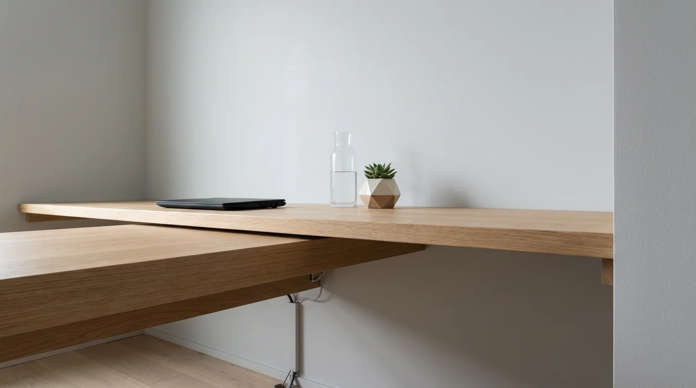 Low angle photo of a minimalist oak desk, a distraction-free sanctuary for deep work.